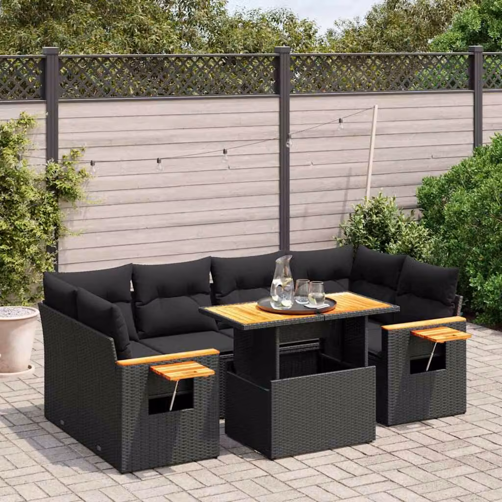 vidaXL Set Divano da Giardino a L con Cuscini 7pz in Polyrattan Nero e Legno di Acacia – 1