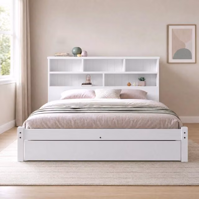 Letto singolo matrimoniale 140x200 cm con testiera a libreria; 2 cassetti; bianco