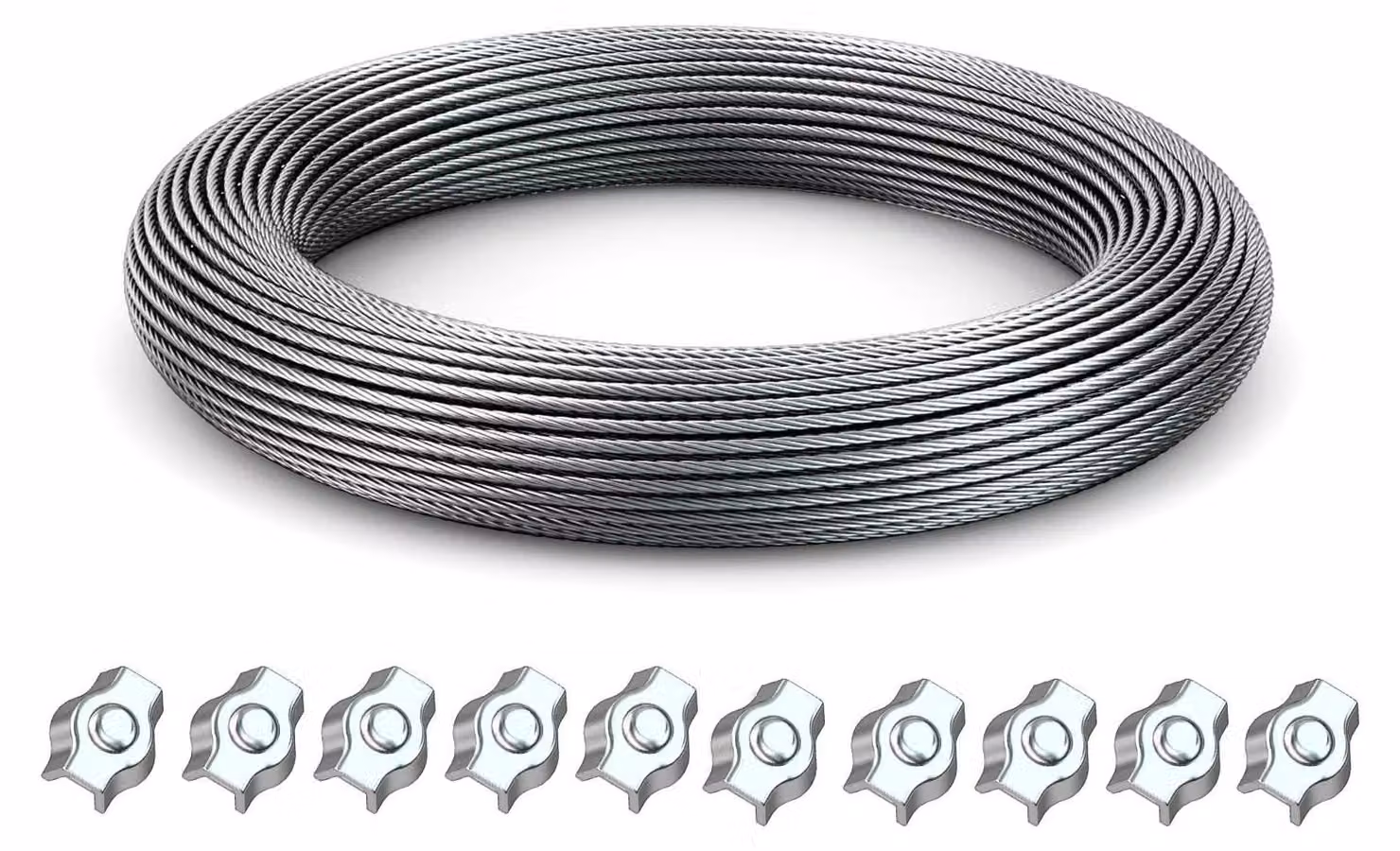 Cavo in acciaio 3 mm x 30 m - Acciaio inossidabile 304 con 10 morsetti
