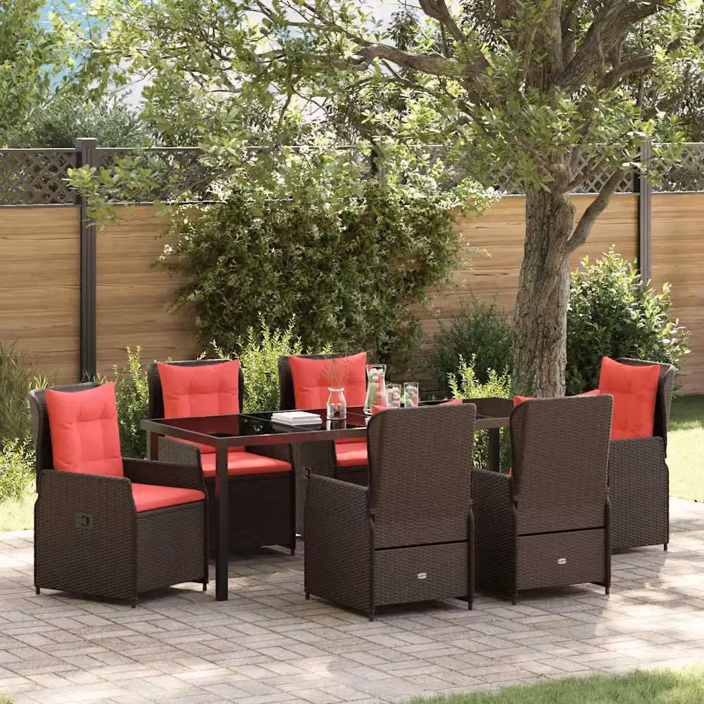 Set da pranzo per giardino e terrazzo vidaXL in polyrattan marrone, 7 pezzi
