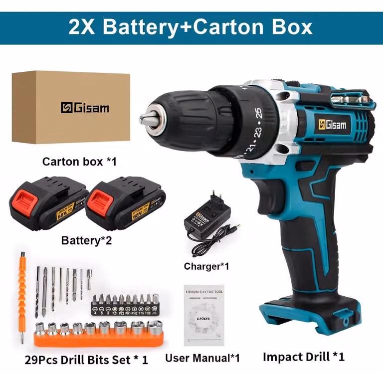 Trapano avvitatore a batteria - Avvitatore a batteria da 18V - 2 batterie agli ioni di litio - Coppia di serraggio di 28 Nm - 25+3 livelli di coppia - 1350 giri/min - Tipo di batteria: 2