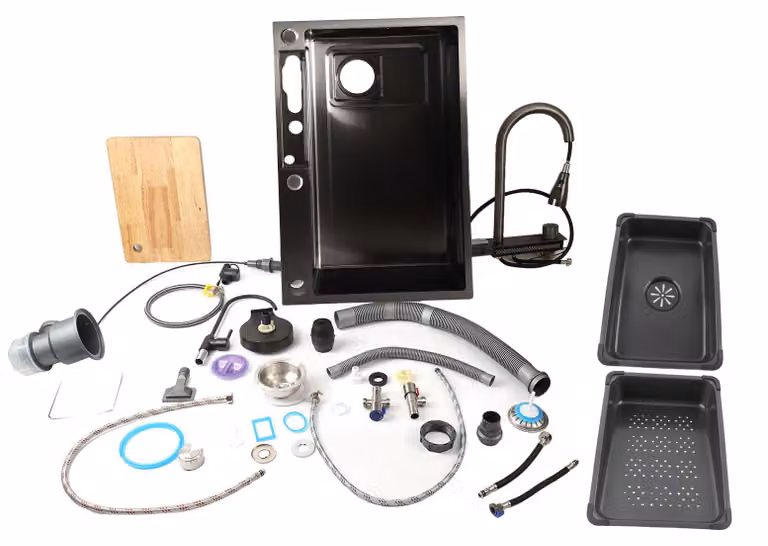 Lavello da cucina, display digitale, struttura in acciaio inox, nero
