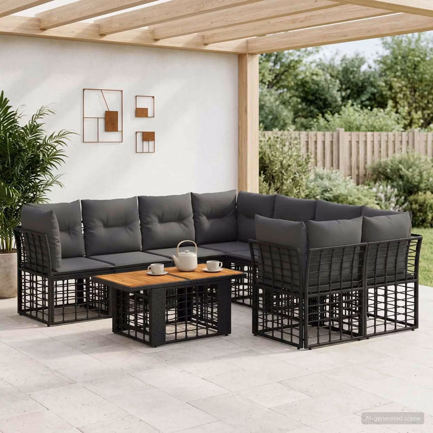Set Divano da Giardino vidaXL 9 pz in Polyrattan Nero e Grigio con Tavolino e Cuscini a Forma di U