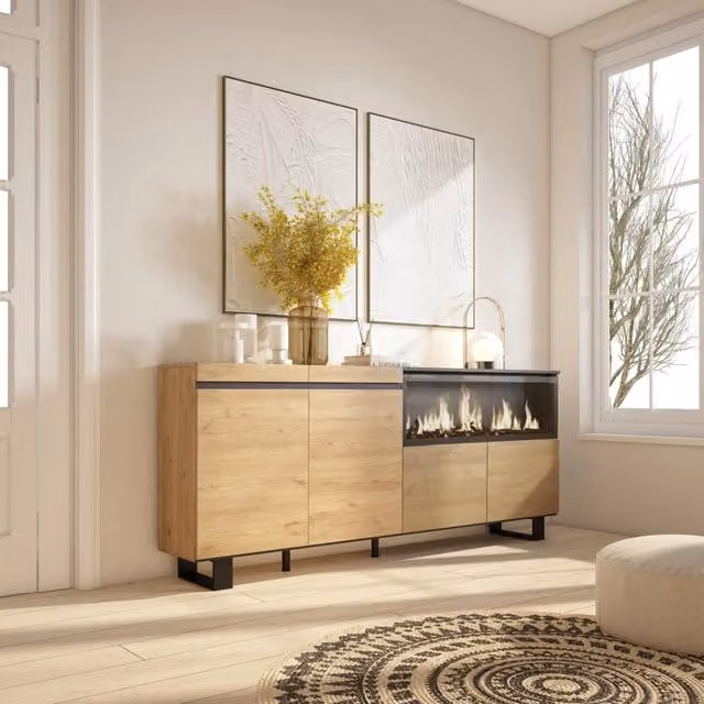 Credenza, Mobile, 208x35x87cm, 4 Porte, Camino elettrico XXL, Design industriale, colore Rovere RF3230