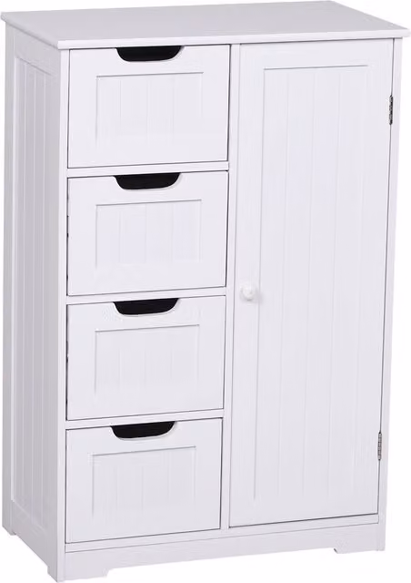 Mobiletto bagno salvaspazio slim kleankin con 4 cassetti e 1 armadietto, ripiano regolabile e sistema anti-ribaltamento in MDF, bianco, L: 56 cm, P: 30 cm, H: 83 cm