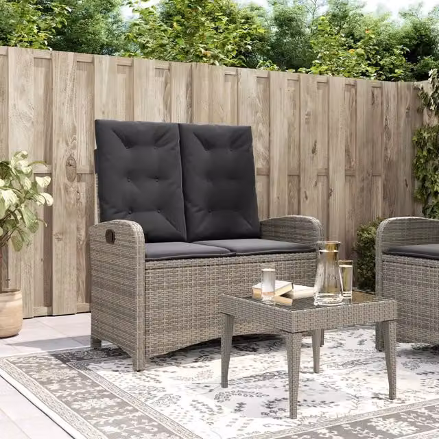 Panca da giardino reclinabile vidaXL in rattan e metallo grigia con cuscini in tessuto – 1