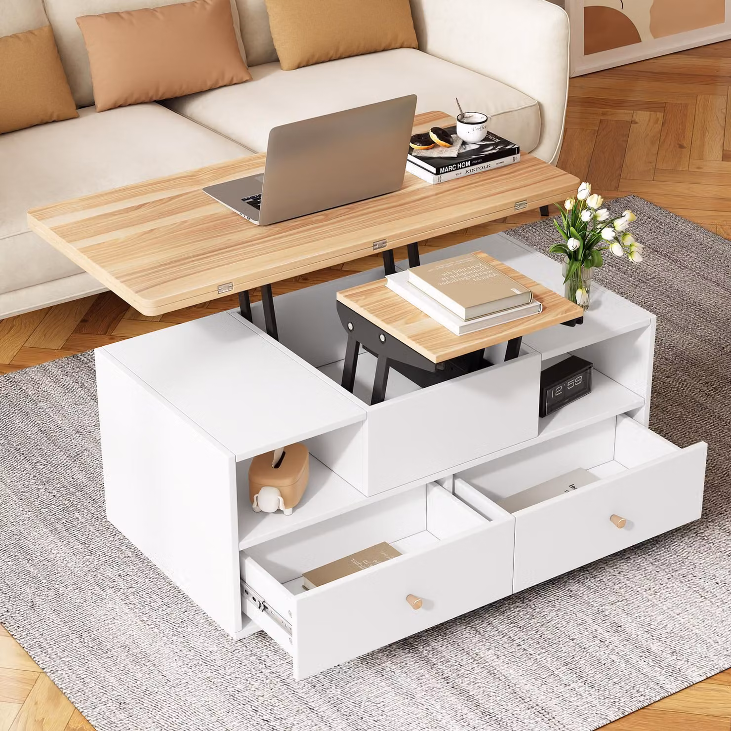 MODFU Tavolino regolabile in altezza con funzione pieghevole e 4 cassetti, tavolino da salotto, tavolino con rotelle, bianco