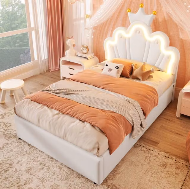 Letto imbottito 90 x 200 cm con meccanismo idraulico, fascia LED multicolore e testiera regolabile, bianco/rosa, senza materasso
