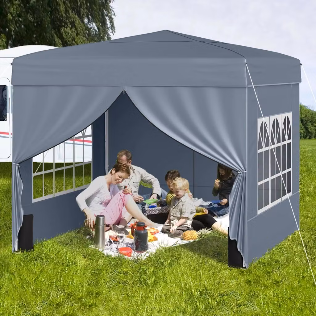 Gazebo da giardino pieghevole impermeabile con 4 pannelli laterali e borsa da trasporto, colore grigio/argento, L/P/H: 290 x 290 x 248 cm – 2