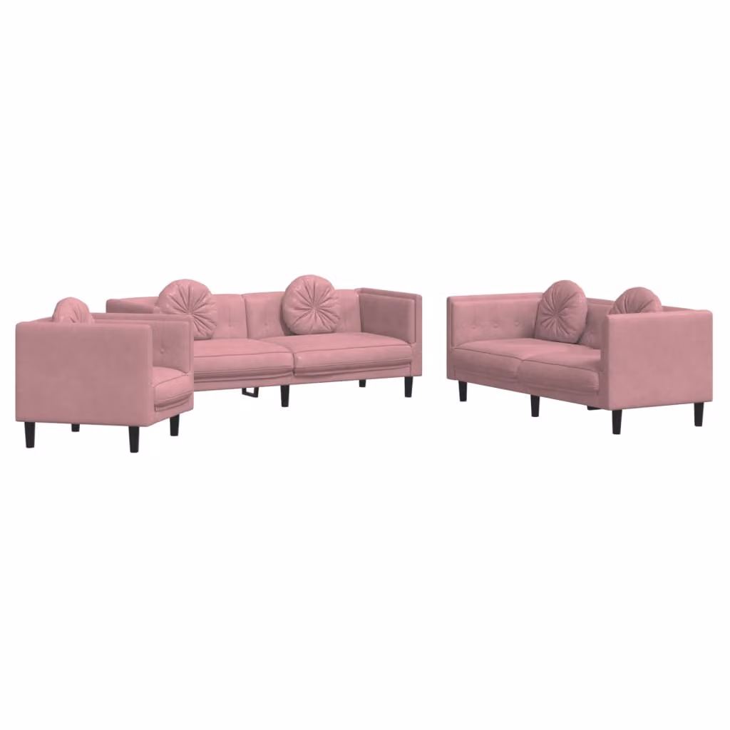 Set di Divani 3 pz con Cuscini Rosa in Velluto
