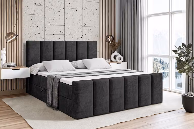 Letto boxspring ALTDECOR con pediera, materasso H3 e topper - 160x200 cm - BOXI1-Z - Velluto nero - Letto imbottito con contenitore e rete a doghe, letto con spazio contenitivo