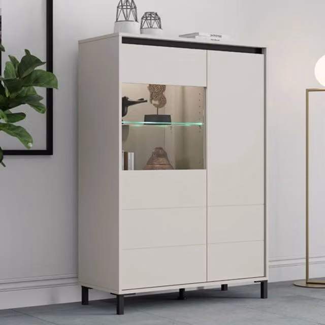 Madia Vignate DMORA, Credenza Moderna con Ante in Vetro e Ripiani Interni, Bianco Crema, L: 93 cm, P: 40 cm, H: 135 cm