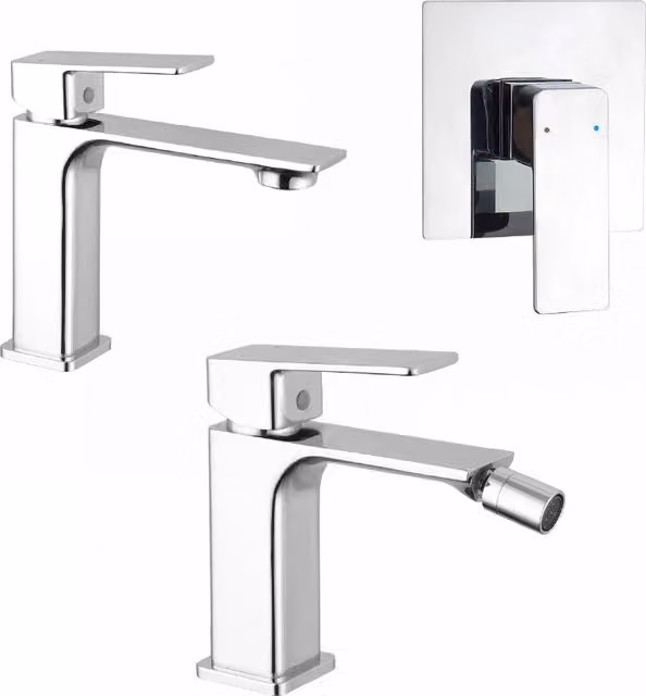 Set di miscelatori Parama Ingrid per lavabo, bidet senza scarico e doccia con incasso monocomando in ottone color argento cromato