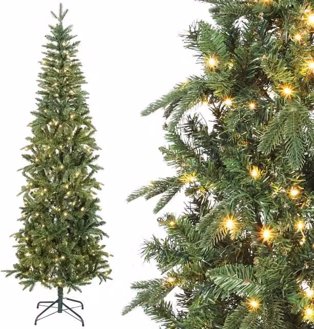 Albero di Natale artificiale slim 210 cm verde con 300 luci LED 8 modalità e 826 rami per casa