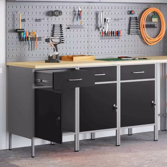 Set di mobili da lavoro vidaXL in 3 pezzi, colore nero e grigio, L/P/H: 150 x 55 x 85 cm