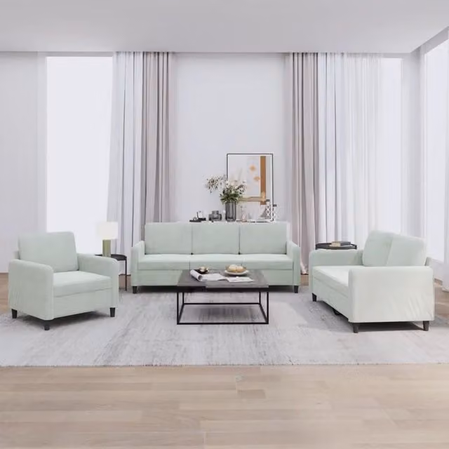 Set di divani 3 pezzi vidaXL in velluto grigio per soggiorno moderno con cuscini inclusi – 1