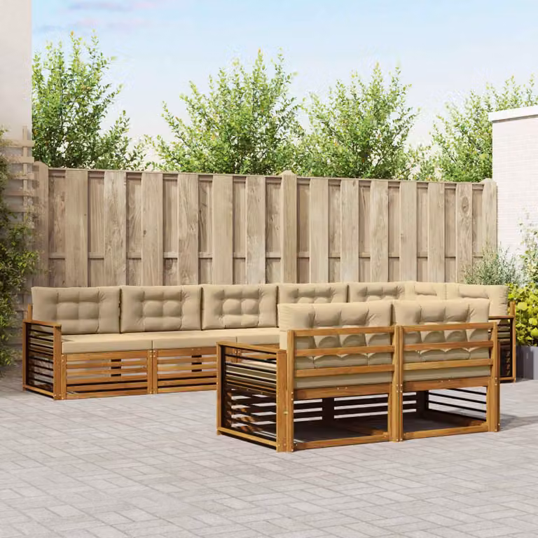 Set di divani da esterno vidaXL a forma di L in legno di acacia con cuscini, Beige e Marrone