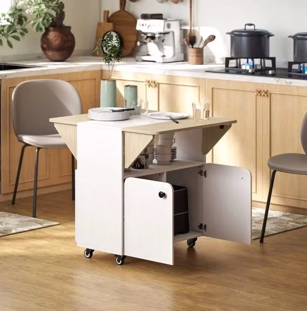 Tavolo pieghevole con carrello, due lati ribaltabili, scomparto armadio, 70 x 83 x 75 cm, bianco e legno naturale