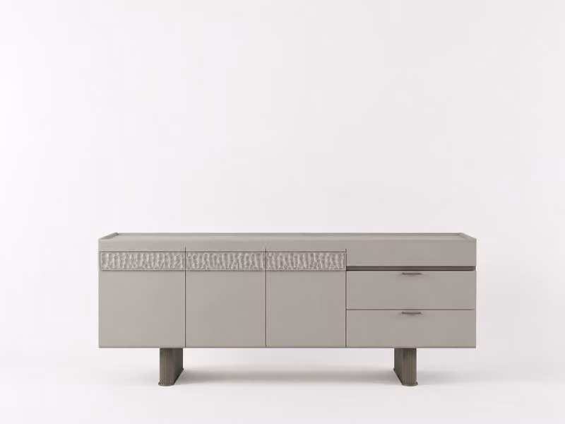 Comodino moderno beige con ante e cassetti, ideale per il soggiorno