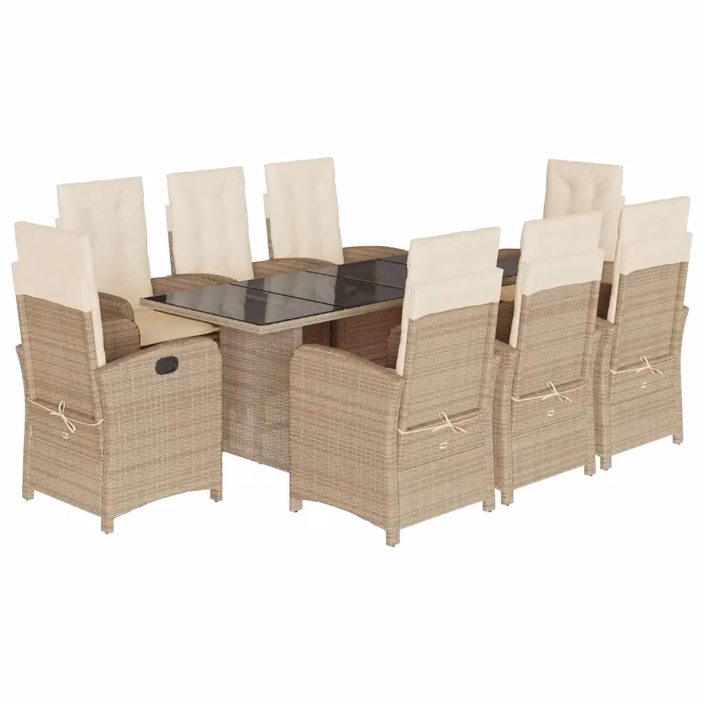 Set da Pranzo da Giardino vidaXL in Polyrattan da 9 Pezzi con Cuscini Beige e Tavolo in Vetro – 2
