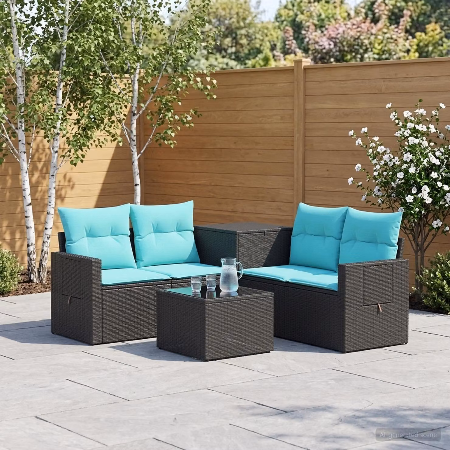 Set di divani da giardino vidaXL 6 pezzi in rattan sintetico e acciaio nero e blu con cuscini e tavolino da caffè