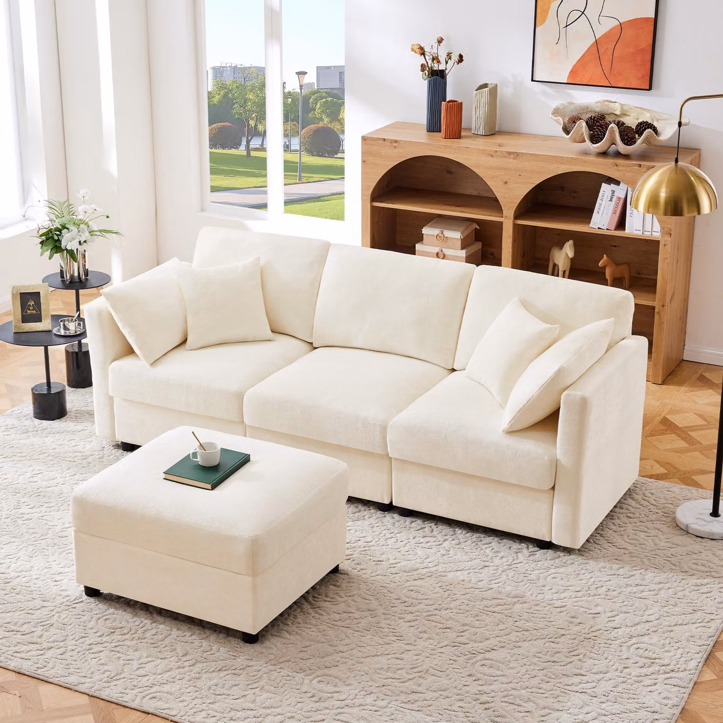 MODFU divano angolare Divano lounge a L, divano letto a 3 posti con poggiapiedi + braccioli regolabili, tessuto di ciniglia a tre posti con 4 cuscini, beige