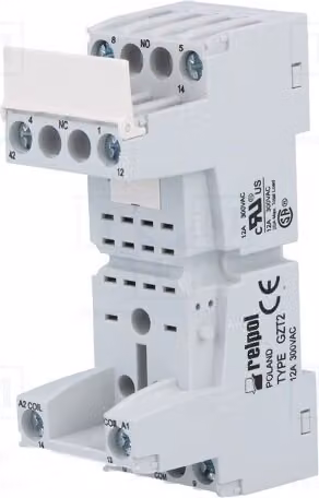 1 x Zoccolo da 300 VAC, 12 A, 8 pin. Montaggio: su guida DIN, per relè elettromagnetici a montaggio su pannello, modello GZT2