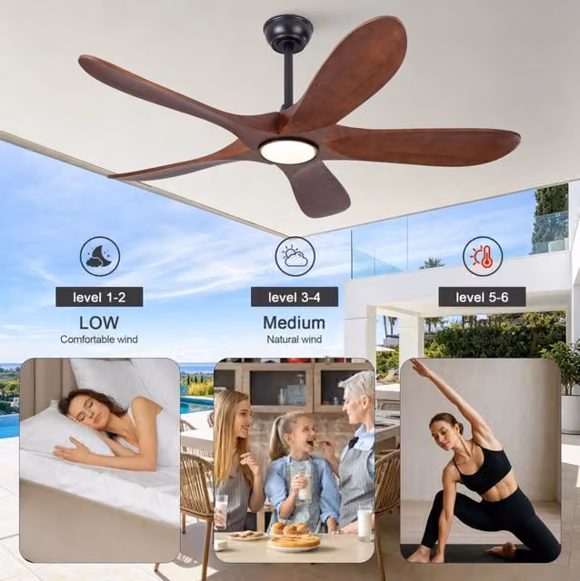 Ventilatore da soffitto 52" con illuminazione, 5 pale in legno massello, telecomando, 6 velocità, silenzioso per camere da letto e soggiorni