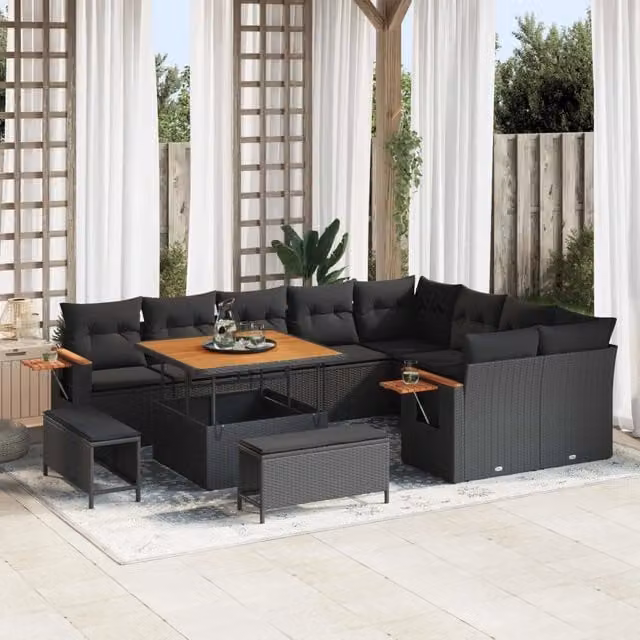 Set Divano da Giardino vidaXL a 12 posti con Forma a U, Colore Nero, Struttura in Acciaio Verniciato a Polvere e Cuscini Inclusi