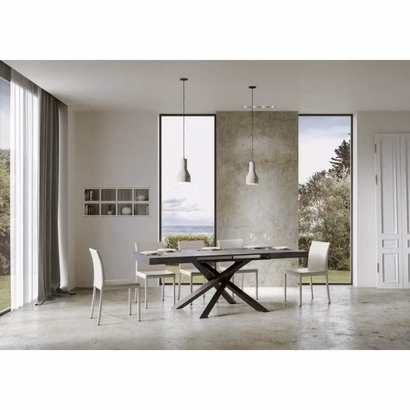 Tavolo allungabile Volantis ITAMOBY con telaio a X color antracite e piano effetto cemento, L: 120/380 cm, P: 90 cm – 2