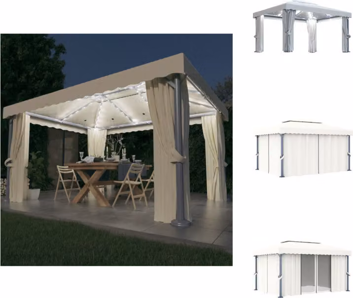 vidaXL Padiglione con tende e luci LED 4x3 m bianco crema - Padiglioni e tende per feste
