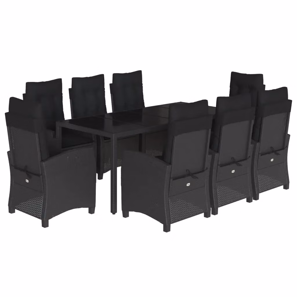 Set da Pranzo da Giardino vidaXL in Polyrattan Nero con Cuscini e Tavolo in Vetro, 9 Pezzi – 2