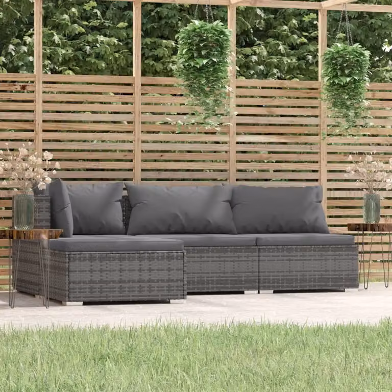 The Living Store Set salotto da giardino 4 pezzi con cuscini in poly rattan grigio