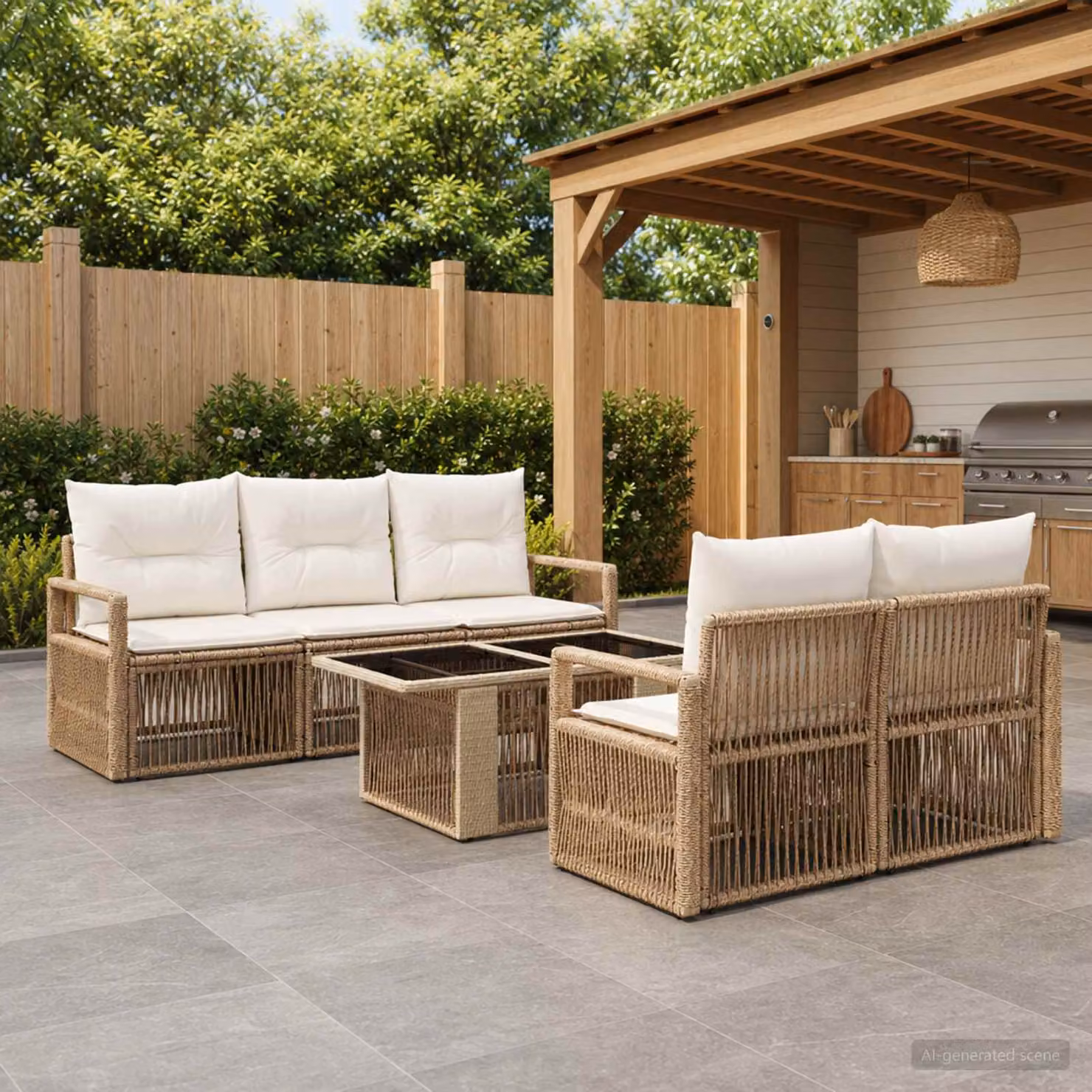 Set Divano da Giardino vidaXL 6 Pezzi in Polyrattan con Tavolino, Colore Beige e Bianco, Design Moderno a L con Cuscini Inclusi