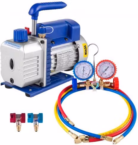 Pompa per vuoto VEVOR per condizionatori e refrigerazione da 3CFM 1/4HP, blu, con manometro e portata 85 Lt/min