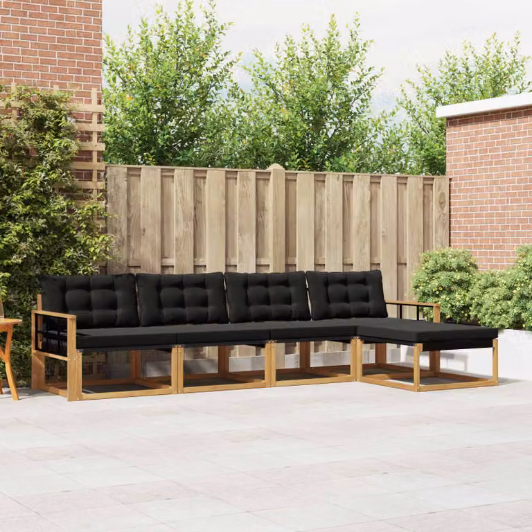 Set di divani da esterno a L vidaXL in legno di acacia con pouf e cuscini, Bianco, Nero e Marrone