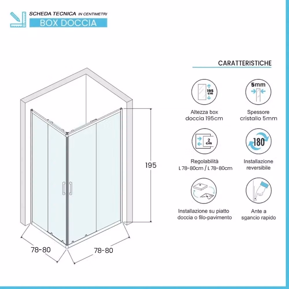 Box doccia angolare Tay in vetro temperato trasparente con profili neri e doppio sistema scorrevole L/P/H: 80 x 80 x 195 cm – 2