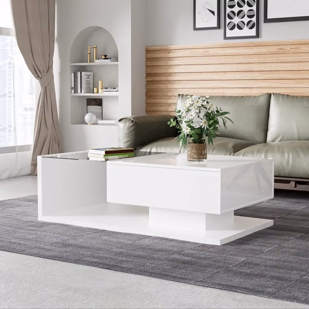 Tavolino da salotto moderno WISHDOR bianco lucido con piano in vetro temperato e ripiano portaoggetti L: 55 cm, P: 32,5 cm, H: 30 cm – 2