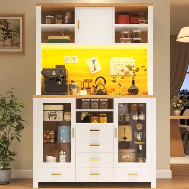 Buffet 120x40x188 cm con illuminazione LED; in MDF; bianco effetto legno