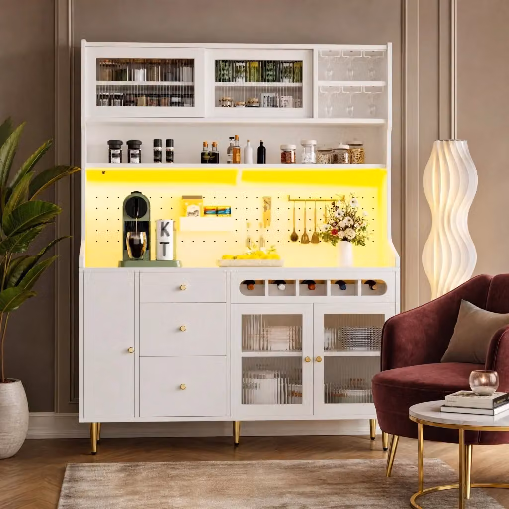 Mobile colonna da cucina Mivray bianco con ante in vetro, illuminazione integrata e portabottiglie, L/P/H: 145 x 39 x 171 cm – 2