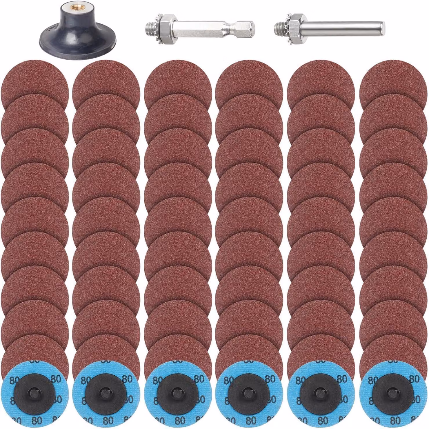 Set di dischi abrasivi da 63 pezzi, diametro 50 mm, sistema Roloc a cambio rapido, grana 80, con supporto da 1/4" per smerigliatrici angolari, adatti per metallo, legno e acciaio