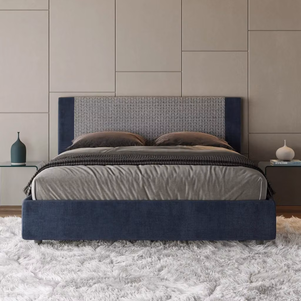 Letto Matrimoniale Giordanoshop con Contenitore e Rete, Testata Imbottita in Tessuto Geometrico Blu, L/P/H: 160 x 210 x 106 cm – 2