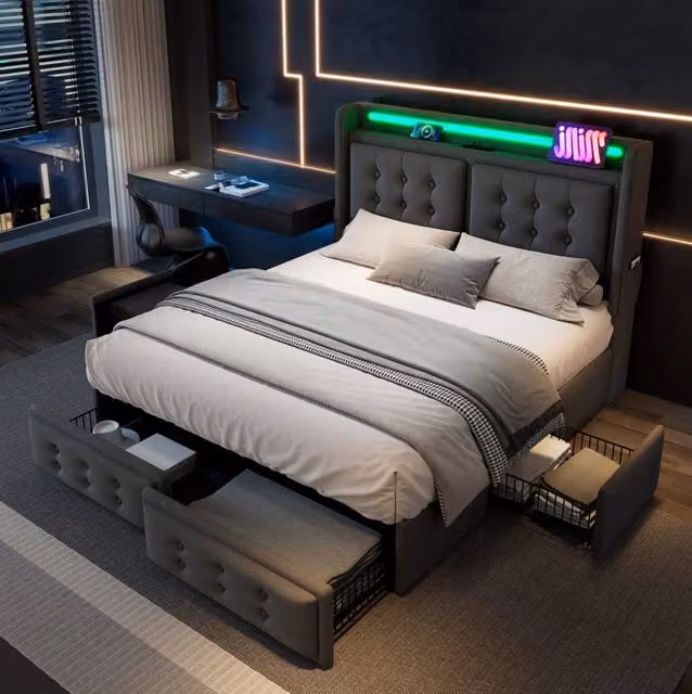 Letto matrimoniale 180x200 cm con testiera LED; USB-C; 4 cassetti e rete a doghe grigio