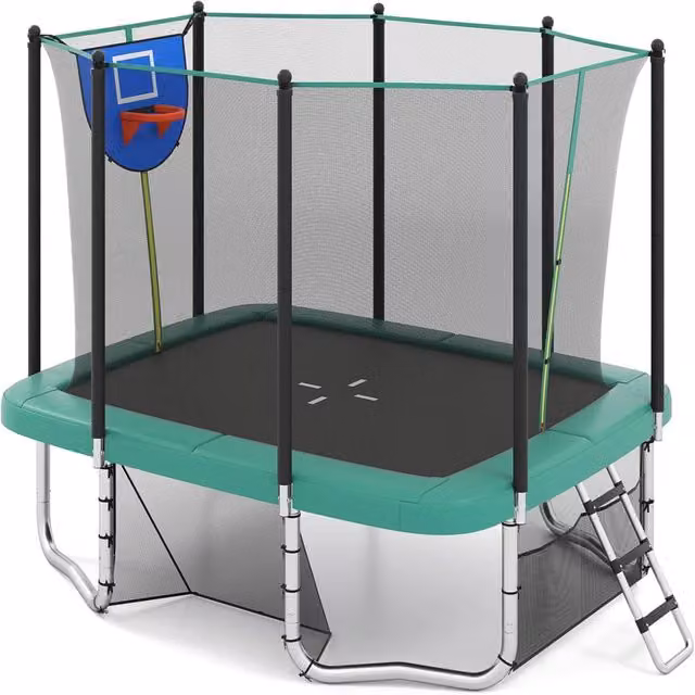 Trampolino rettangolare verde con canestro da basket e porta da calcio in acciaio e PVC L/P/H: 317 x 255 x 270 cm