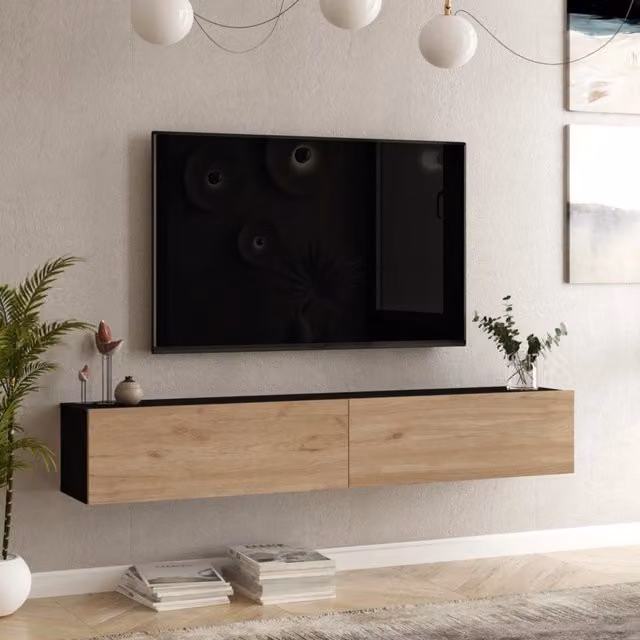 Mobile Porta TV Lapinlahti en.casa con 2 Ante a Ribalta, Consolle da Parete Moderna Nero / Effetto Rovere, L: 180 cm, P: 31,5 cm, H: 29,5 cm