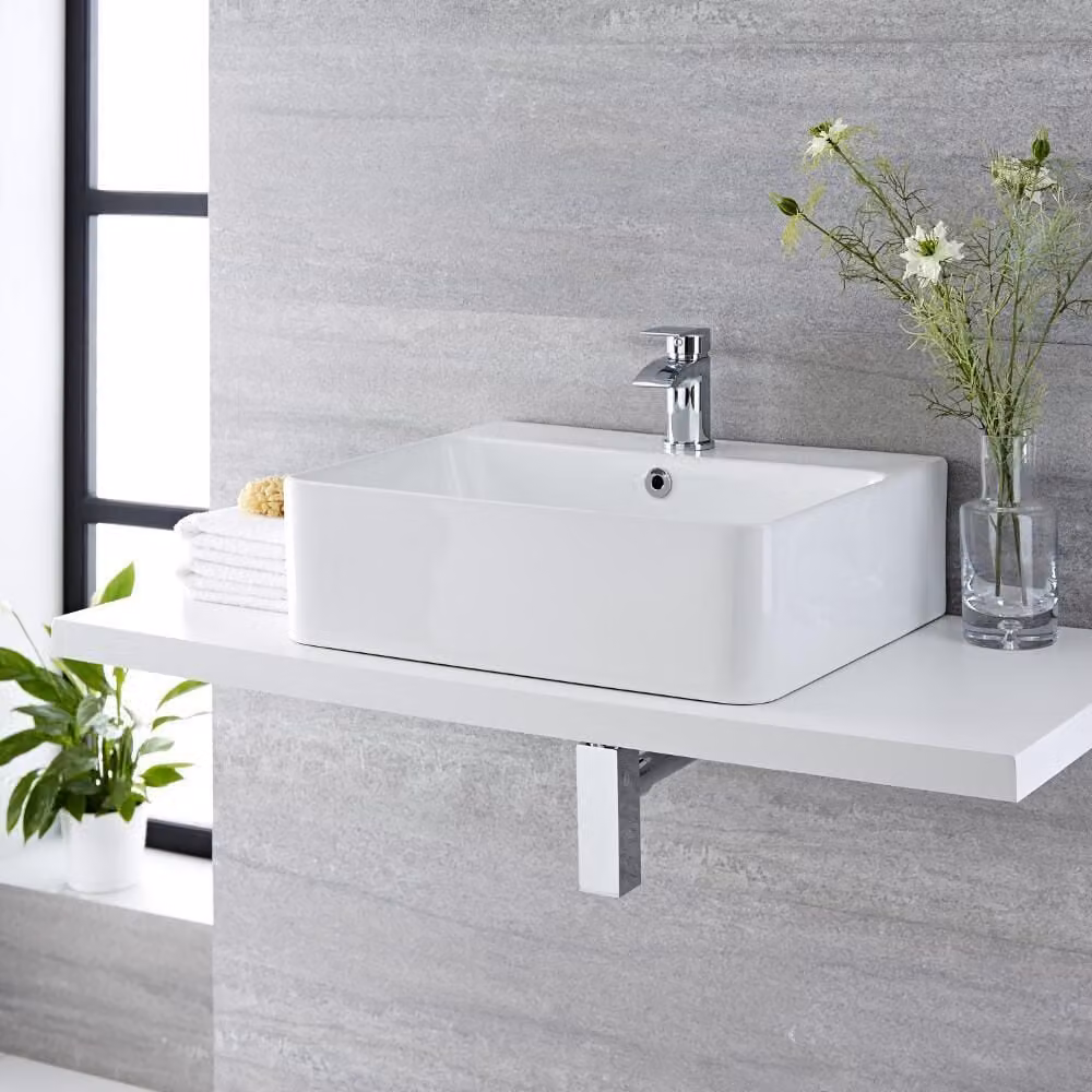 Lavabo Rettangolare da Appoggio Bianco (1 Foro per la Rubinetteria) con Anello per Troppopieno in Oro Satinato -  520mm x 420mm - Exton