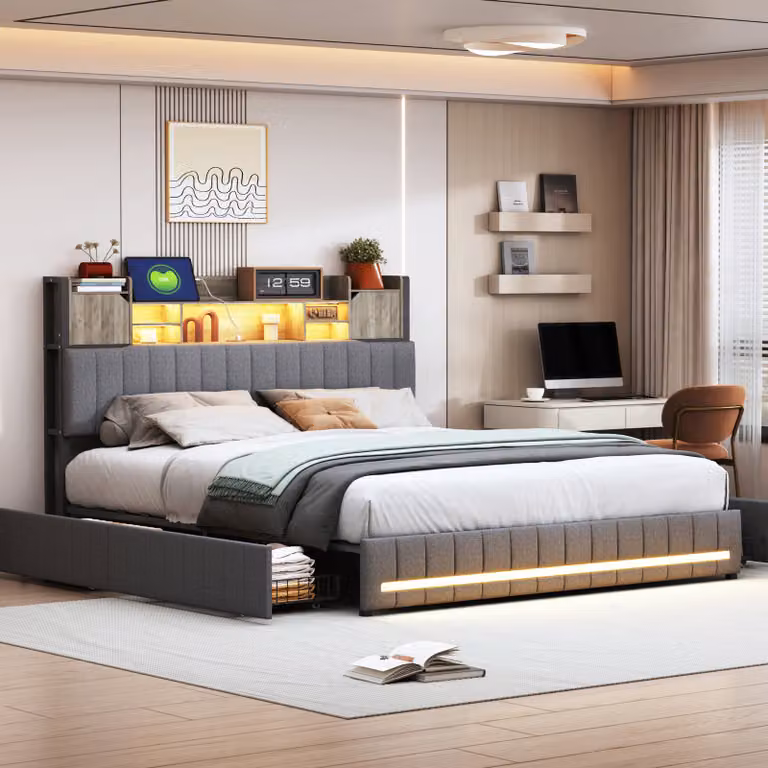 CDGlobal letto imbottito 140x190cm con USB e tipo C, letto contenitore letto giovanile con 4 cassetti, letto matrimoniale letto in legno con LED e rete a doghe, lino, grigio