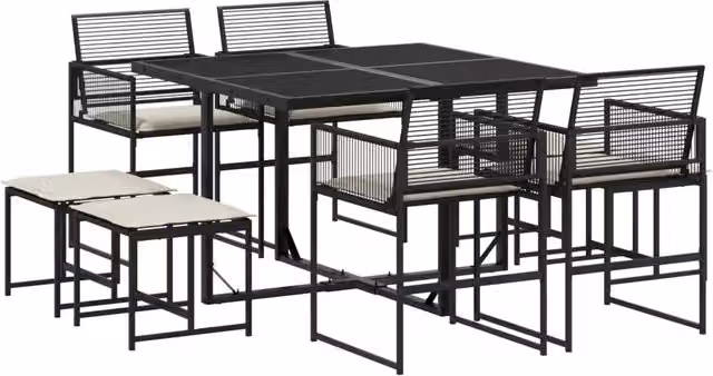 Set da Pranzo da Giardino 9 pz in Polyrattan con Piano in Vetro Nero e Bianco – 1