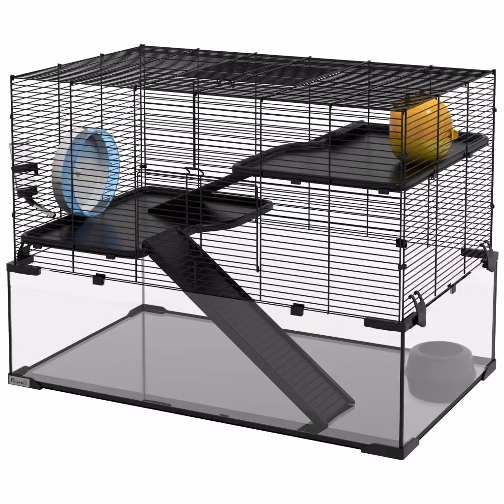 Gabbia per Criceti Minimal a 3 Livelli con Ruota e Accessori Nero L: 76.5 cm, P: 48.5 cm, H: 54.5 cm – 2