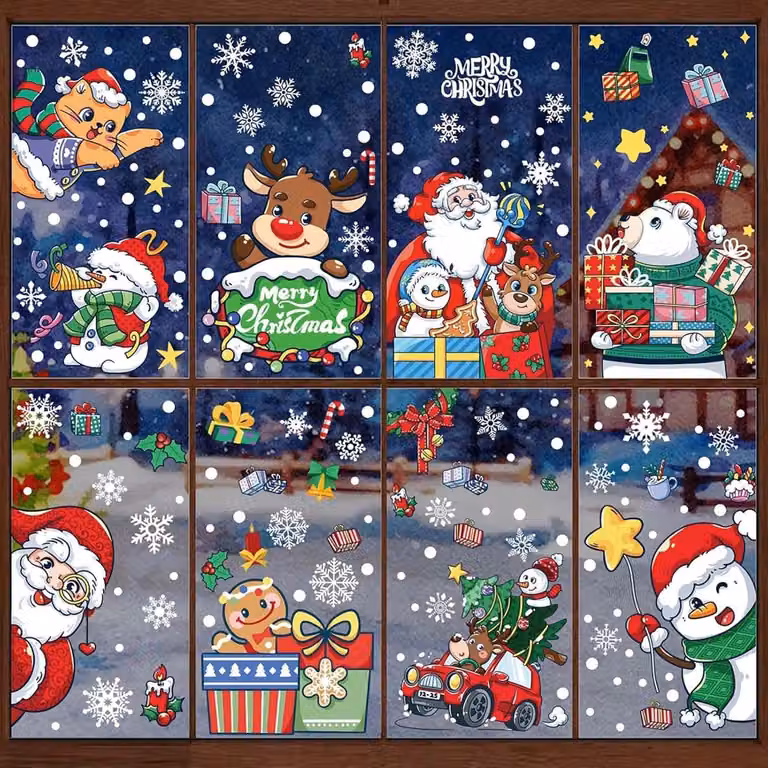 Adesivi per finestre a tema natalizio, 8 fogli di adesivi in PVC statico, ideali per decorare vetri con motivi natalizi come Babbo Natale, fiocchi di neve e gnomi